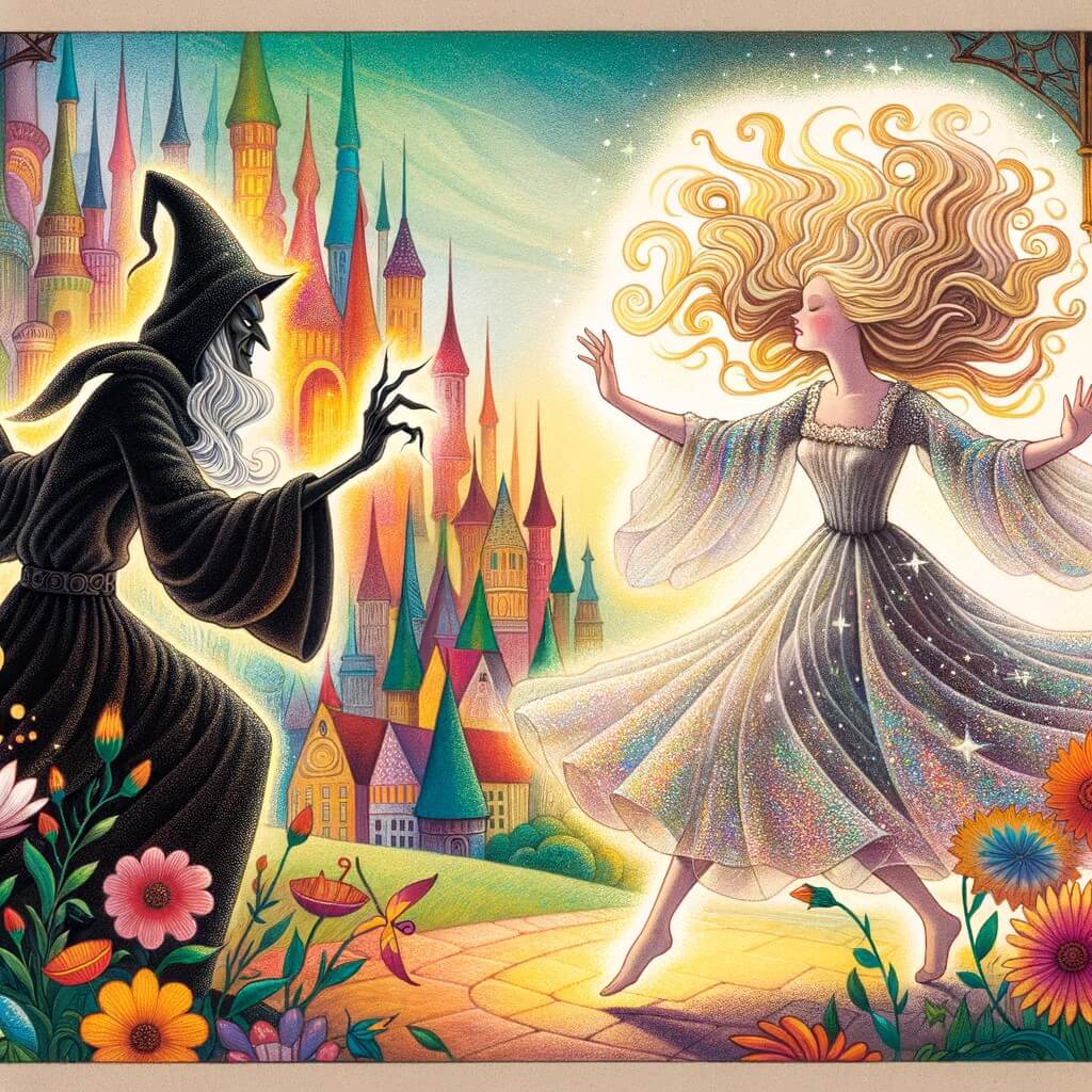 Une illustration destinée aux enfants représentant une femme aux cheveux flottants dans les airs, vêtue d'une cape chatoyante, affrontant un sorcier maléfique dans une ville magique aux rues colorées, où les fleurs dansent au rythme du vent.