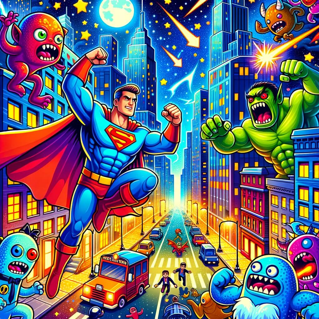 Une illustration destinée aux enfants représentant un homme doté de super-pouvoirs, affrontant des monstres créés par un scientifique fou, dans une ville colorée et animée, pleine de gratte-ciels étincelants et de rues remplies de vie.
