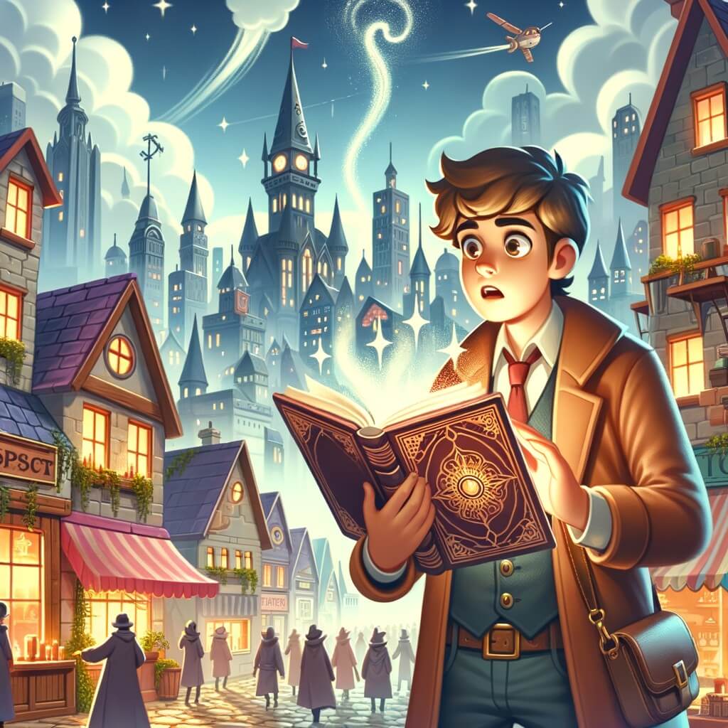 Une illustration pour enfants représentant un jeune homme ordinaire découvrant un grimoire magique dans une boutique mystérieuse, déclenchant ainsi une série d'aventures extraordinaires dans la ville animée de Merveilleville.