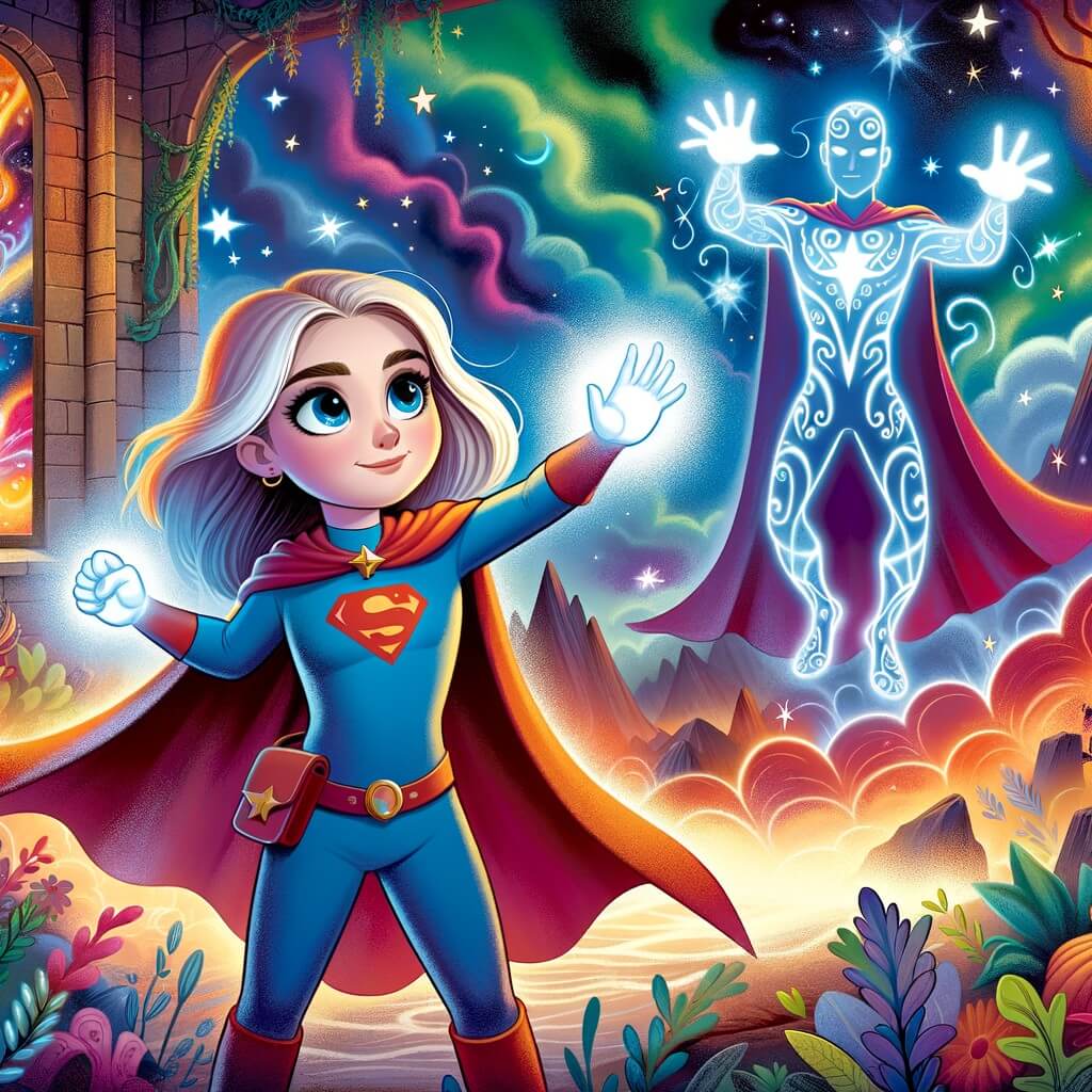 Une illustration pour enfants représentant une super-héroïne aux pouvoirs magiques, confrontée à un ennemi mystérieux, dans un monde fantastique.