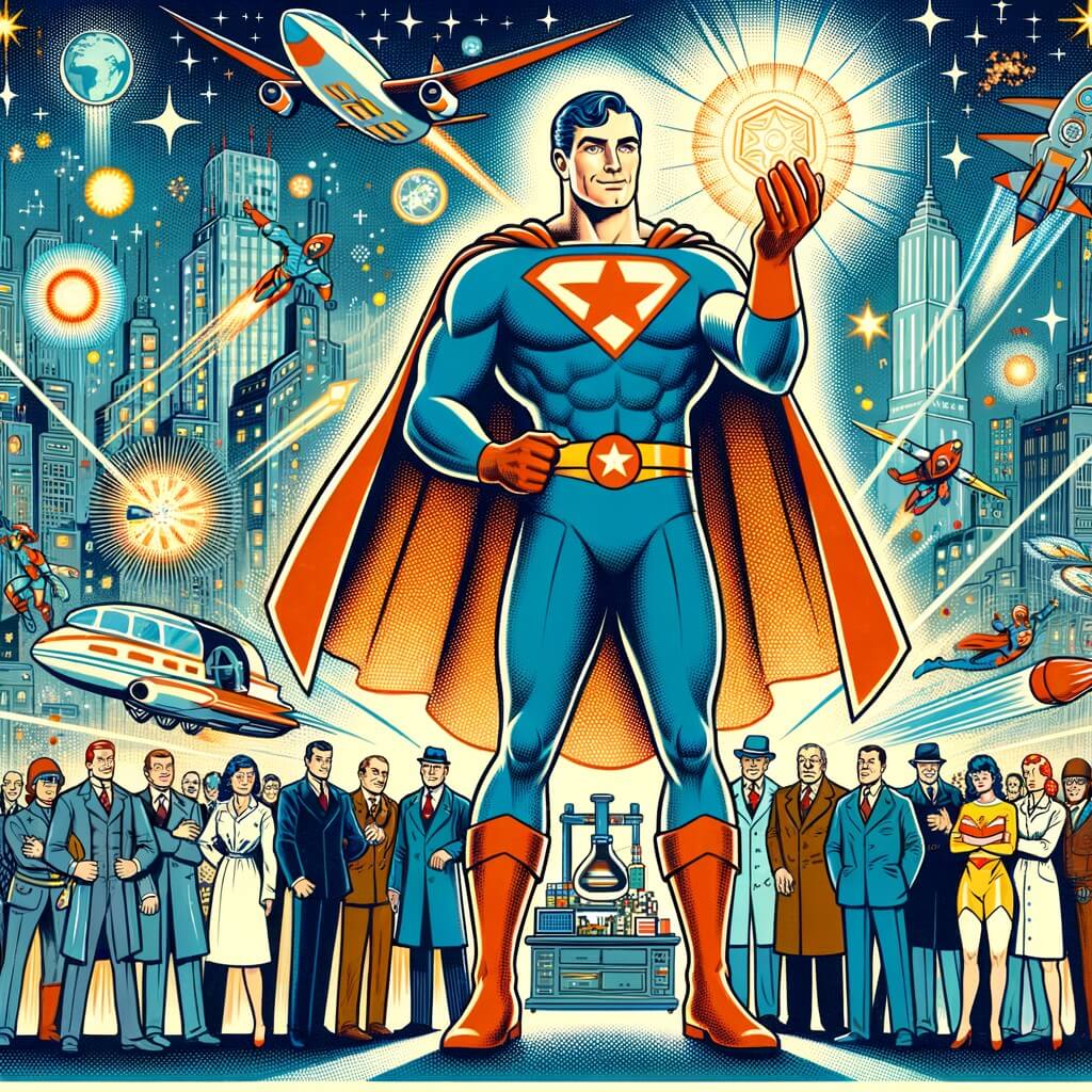 Une illustration destinée aux enfants représentant un homme doté de pouvoirs extraordinaires qui doit protéger une formule secrète des criminels maléfiques, avec l'aide d'une équipe de super-héros, dans une ville futuriste remplie de gratte-ciels scintillants et de véhicules volants.