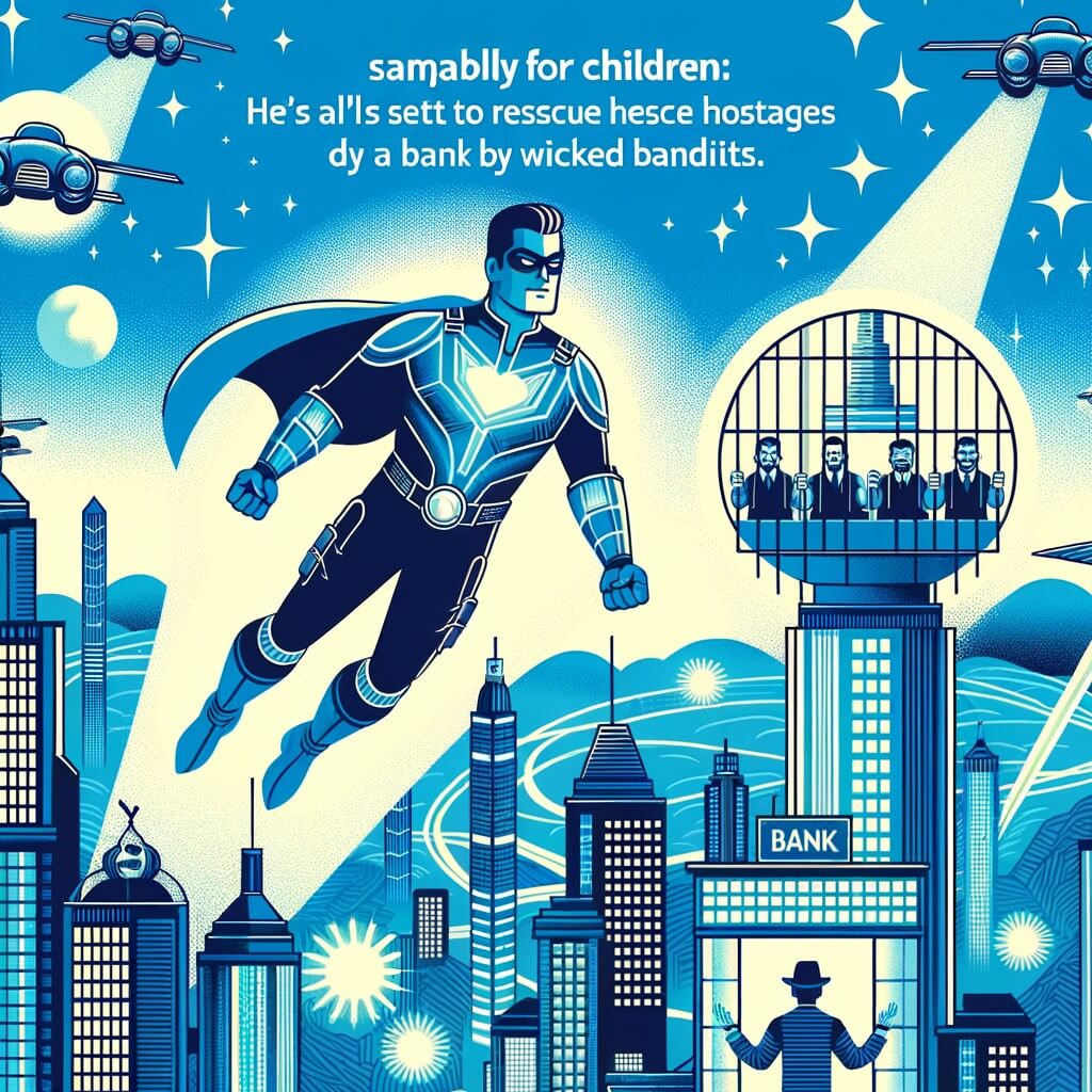 Une illustration destinée aux enfants représentant un homme courageux aux pouvoirs incroyables, se tenant en plein vol au-dessus d'une ville futuriste remplie de gratte-ciels scintillants, prêt à sauver des otages retenus dans une banque par des bandits méchants, avec en toile de fond un ciel bleu éclatant et des voitures volantes.