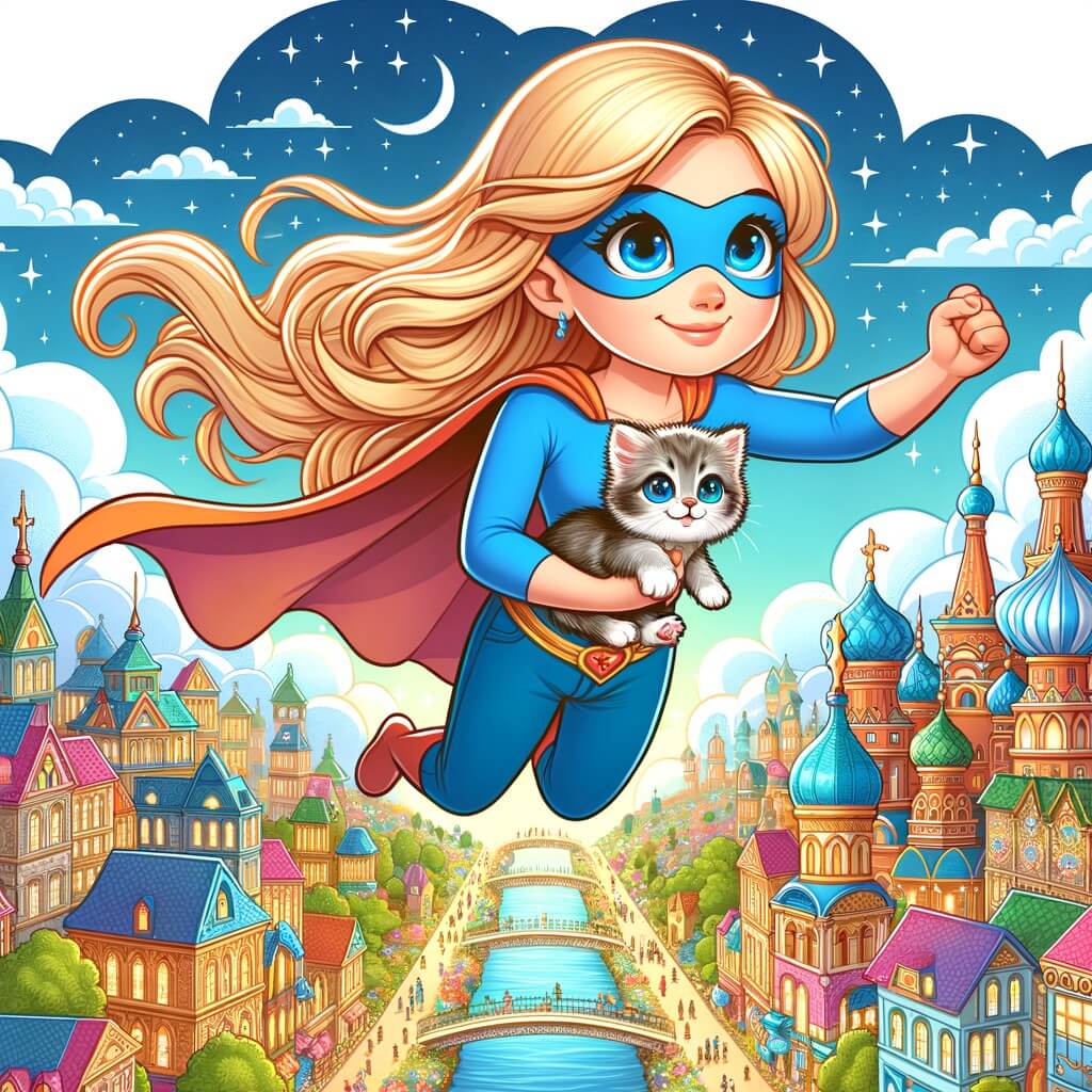 Une illustration destinée aux enfants représentant une super-héroïne intrépide aux cheveux blonds et aux yeux bleus, volant dans les airs au-dessus d'une ville imaginaire remplie de bâtiments colorés et de rues animées, accompagnée d'un adorable chaton dans ses bras.