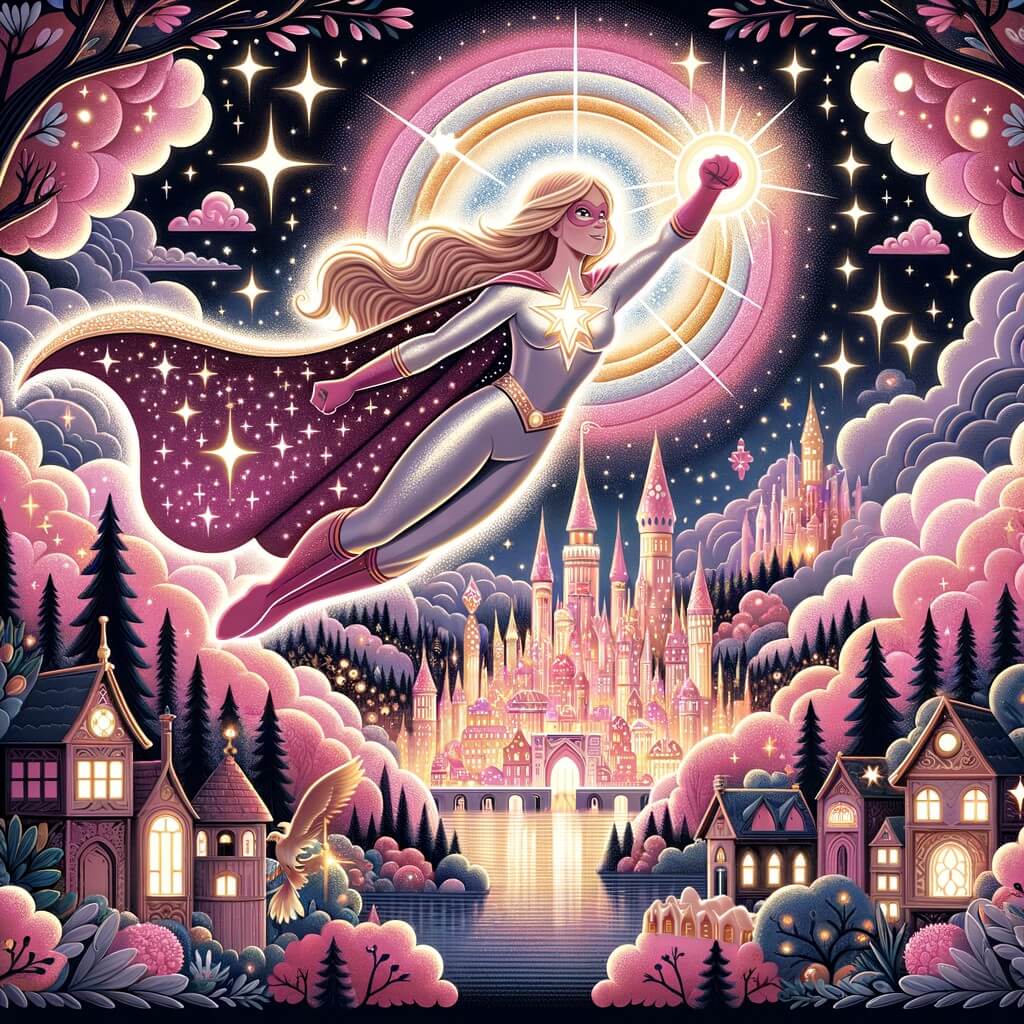 Une illustration destinée aux enfants représentant une super-héroïne étincelante, dotée de pouvoirs magiques de contrôle de la lumière, combattant un méchant sorcier dans une ville enchantée appelée Arc-en-Ciel, entourée de nuages roses et d'arbres scintillants dans l'obscurité.