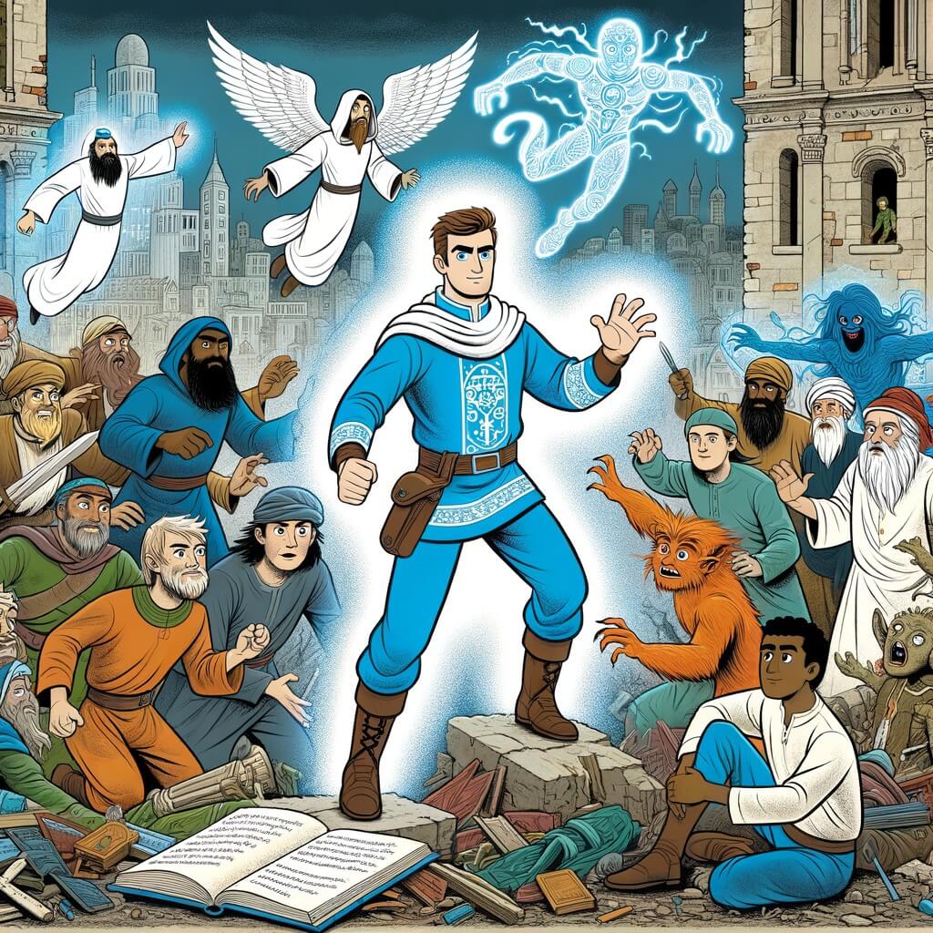 Une illustration pour enfants représentant un homme courageux doté de pouvoirs extraordinaires, affrontant la Menace Fantôme dans une ville en perdition.
