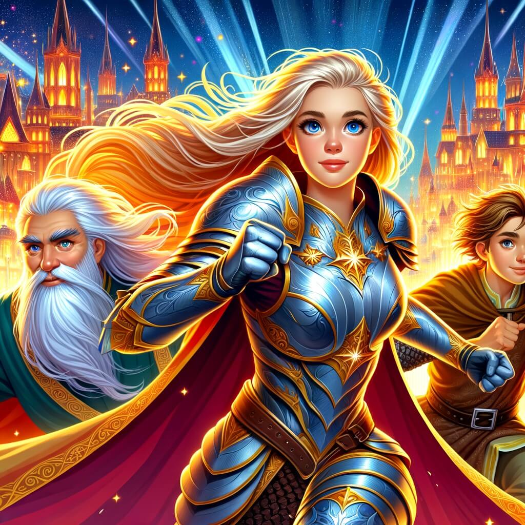 Une illustration destinée aux enfants représentant une super-héroïne aux longs cheveux blonds, vêtue d'une armure étincelante, combattant des méchants dans une ville des lumières époustouflante, avec ses alliés, un vieil homme sage et un jeune garçon agile.