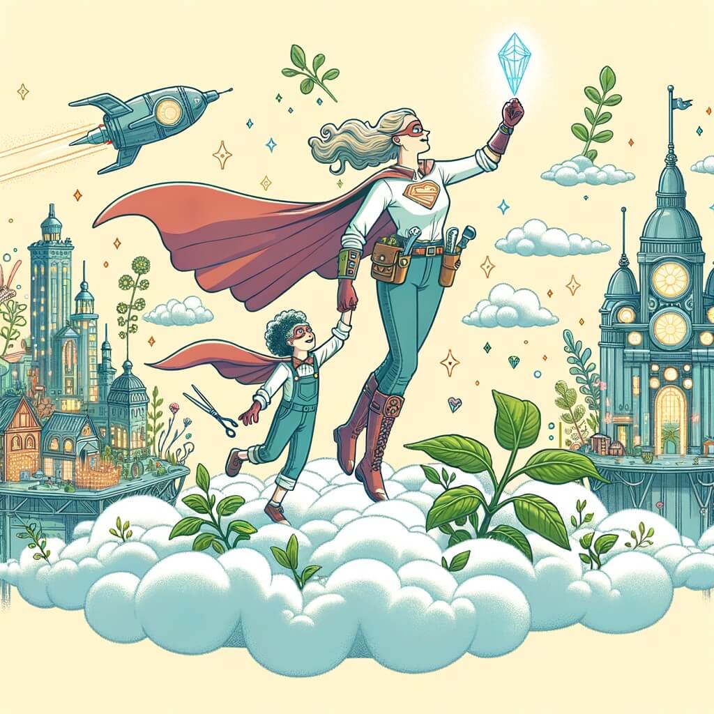 Une illustration destinée aux enfants représentant une super-héroïne intrépide, volant dans le ciel avec grâce, accompagnée de son fidèle ami inventeur, dans une ville fantastique flottant dans les nuages, où les plantes prennent vie grâce à un cristal magique étincelant.