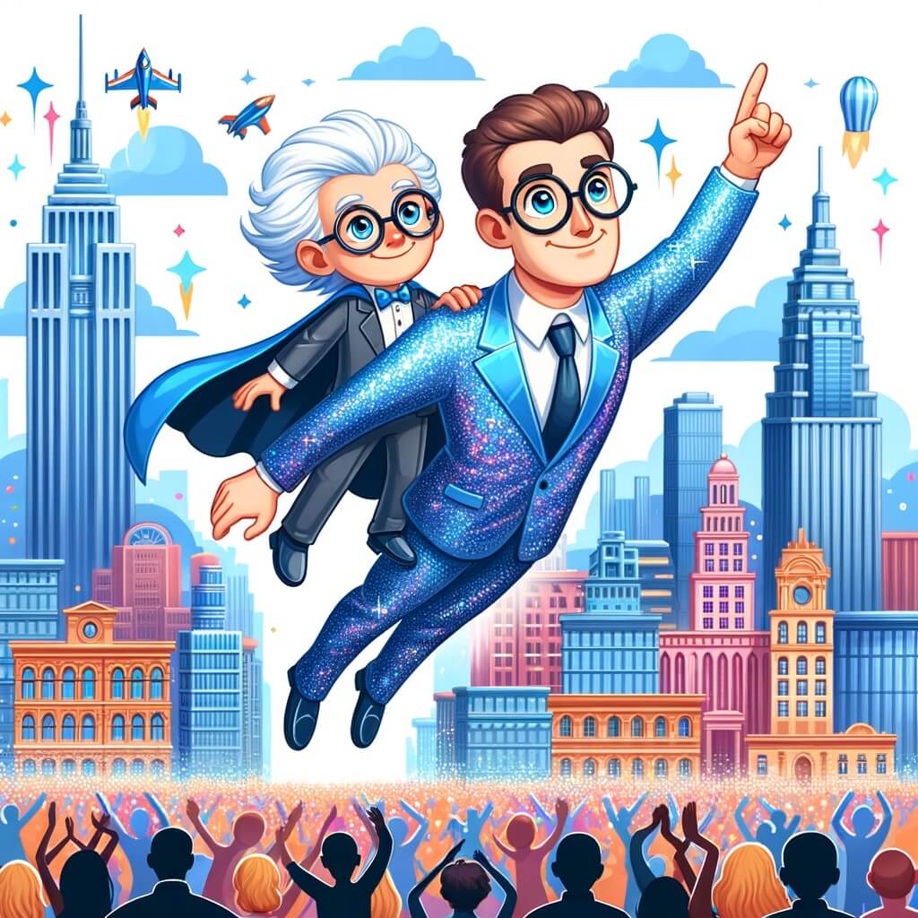 Une illustration destinée aux enfants représentant un homme au costume bleu étincelant, volant dans les airs au-dessus d'une ville animée, accompagné d'un scientifique génial avec des cheveux blancs et des lunettes rondes, dans un paysage urbain coloré avec des gratte-ciel majestueux, des rues bondées et des gens applaudissant.