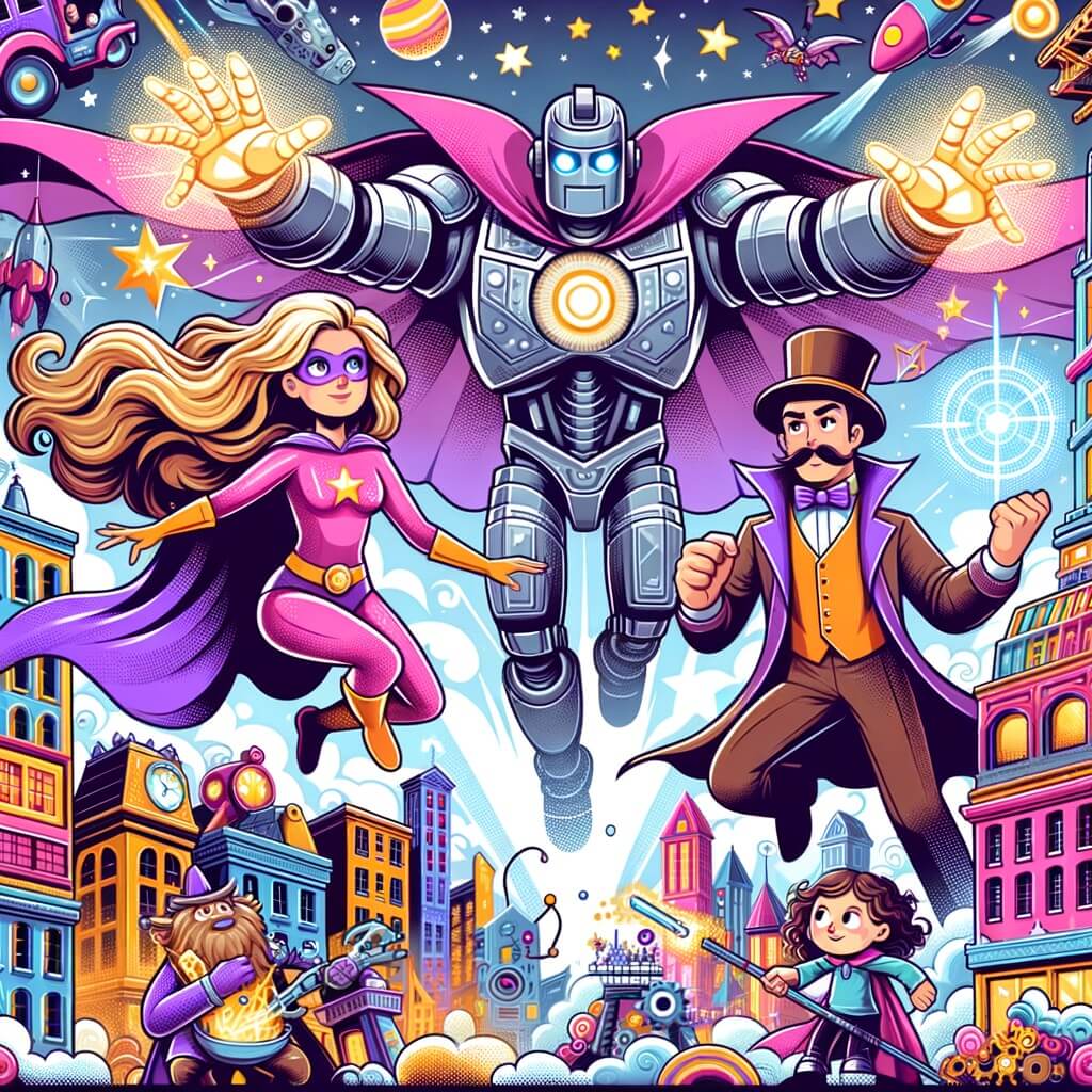 Une illustration destinée aux enfants représentant une super-héroïne aux longs cheveux blonds, vêtue d'un costume rose et violet, volant dans le ciel, accompagnée de ses amis magicienne et inventeur, affrontant un énorme robot destructeur, dans une ville fantastique remplie de couleurs éclatantes et de bâtiments aux formes extravagantes.