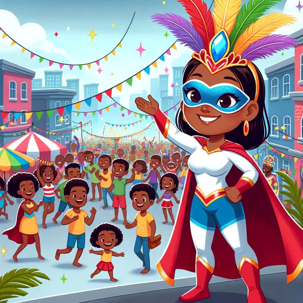 Une illustration pour enfants représentant une super-héroïne aux pouvoirs extraordinaires qui aide les gens dans une ville animée lors d'un carnaval joyeux.