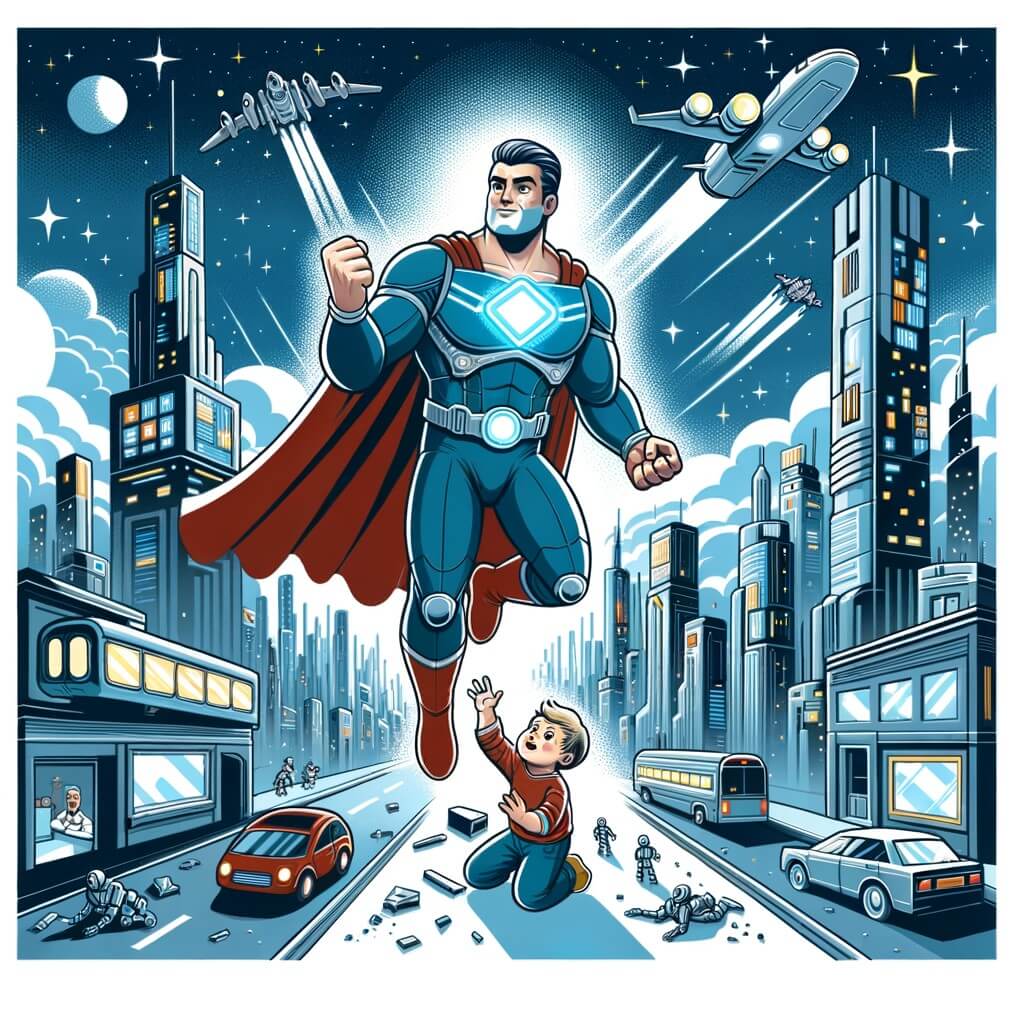 Une illustration destinée aux enfants représentant un homme fort et courageux aux pouvoirs incroyables, volant dans le ciel étoilé d'une ville futuriste remplie de gratte-ciels qui touchent le ciel, de robots transportant les gens et de voitures volantes zigzaguant dans les rues, tandis qu'il sauve un petit garçon piégé sous un immeuble effondré avec l'aide de sa médaille spéciale.