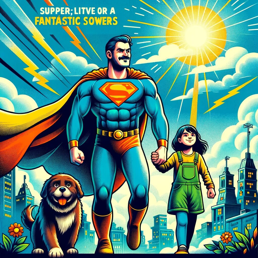 Une illustration destinée aux enfants représentant un homme à la cape colorée, doté de pouvoirs extraordinaires, combattant le mal aux côtés de son fidèle ami, dans la vibrante et lumineuse ville de SuperVille.