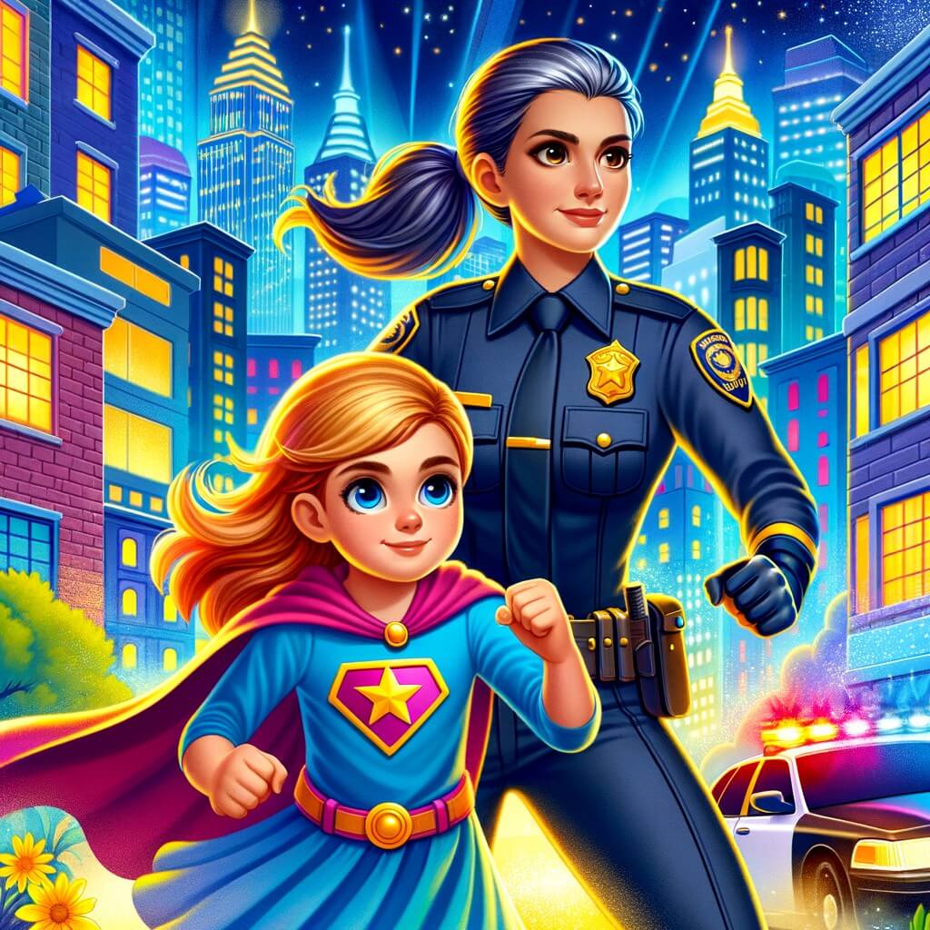 Une illustration destinée aux enfants représentant une jeune femme dotée de super-pouvoirs, luttant contre le crime aux côtés d'une courageuse policière, dans la vibrante et lumineuse ville de Lumina City.