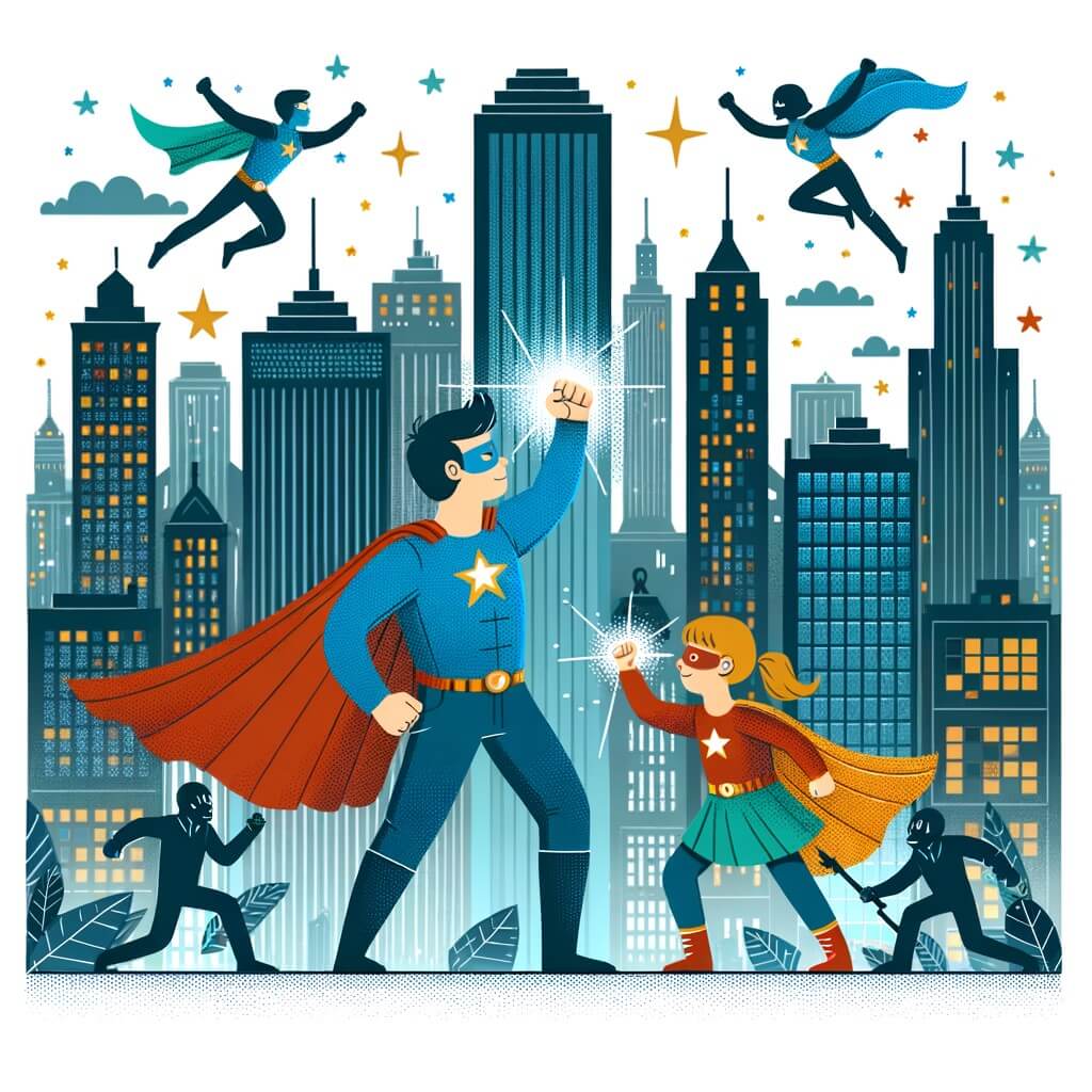 Une illustration destinée aux enfants représentant un homme courageux aux pouvoirs extraordinaires, combattant aux côtés d'une super-héroïne, contre des méchants dans une ville animée remplie de gratte-ciel étincelants.