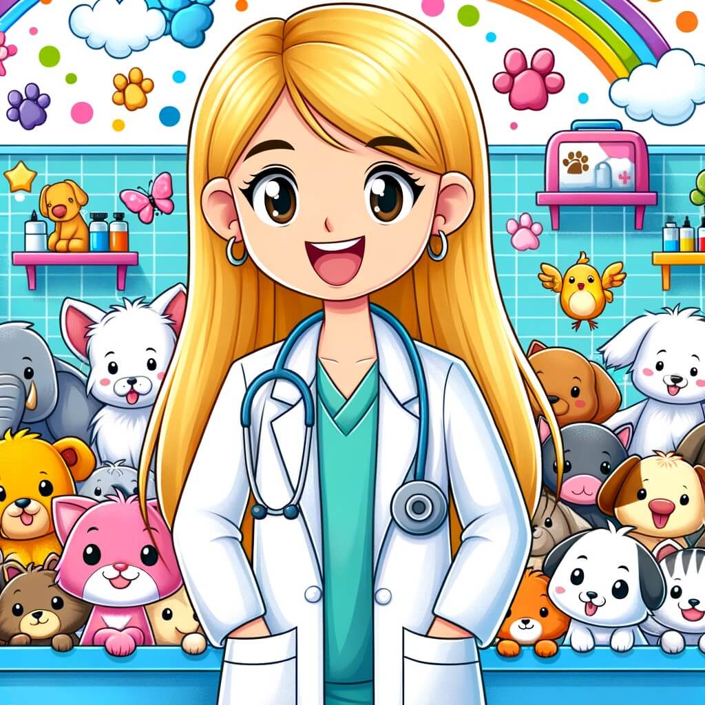 Une illustration destinée aux enfants représentant une vétérinaire passionnée, avec de longs cheveux blonds, portant une blouse blanche et entourée d'animaux souriants, dans une clinique vétérinaire lumineuse et colorée remplie d'animaux de toutes sortes.