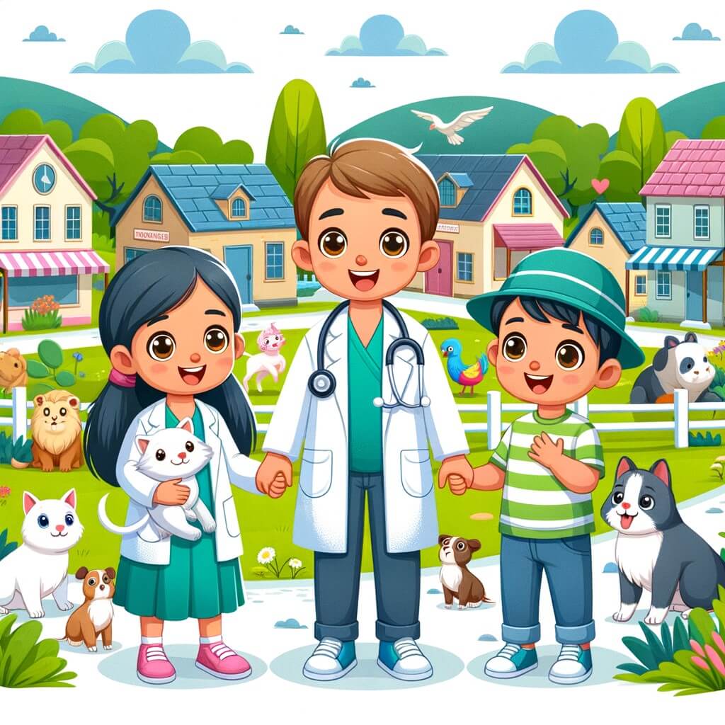 Une illustration destinée aux enfants représentant un vétérinaire joyeux et bienveillant, accompagné de deux enfants curieux, dans une petite ville paisible entourée de maisons colorées, avec un parc verdoyant où se déroule une grande fête des animaux.