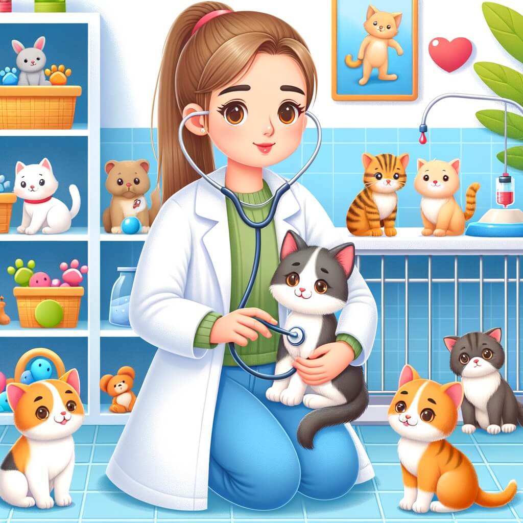 Une illustration destinée aux enfants représentant une jeune femme vêtue d'une blouse blanche, tenant un stéthoscope, qui aide un petit chaton malade, tandis que d'autres animaux attendent leur tour dans une clinique vétérinaire colorée et chaleureuse remplie de jouets et de plantes vertes.