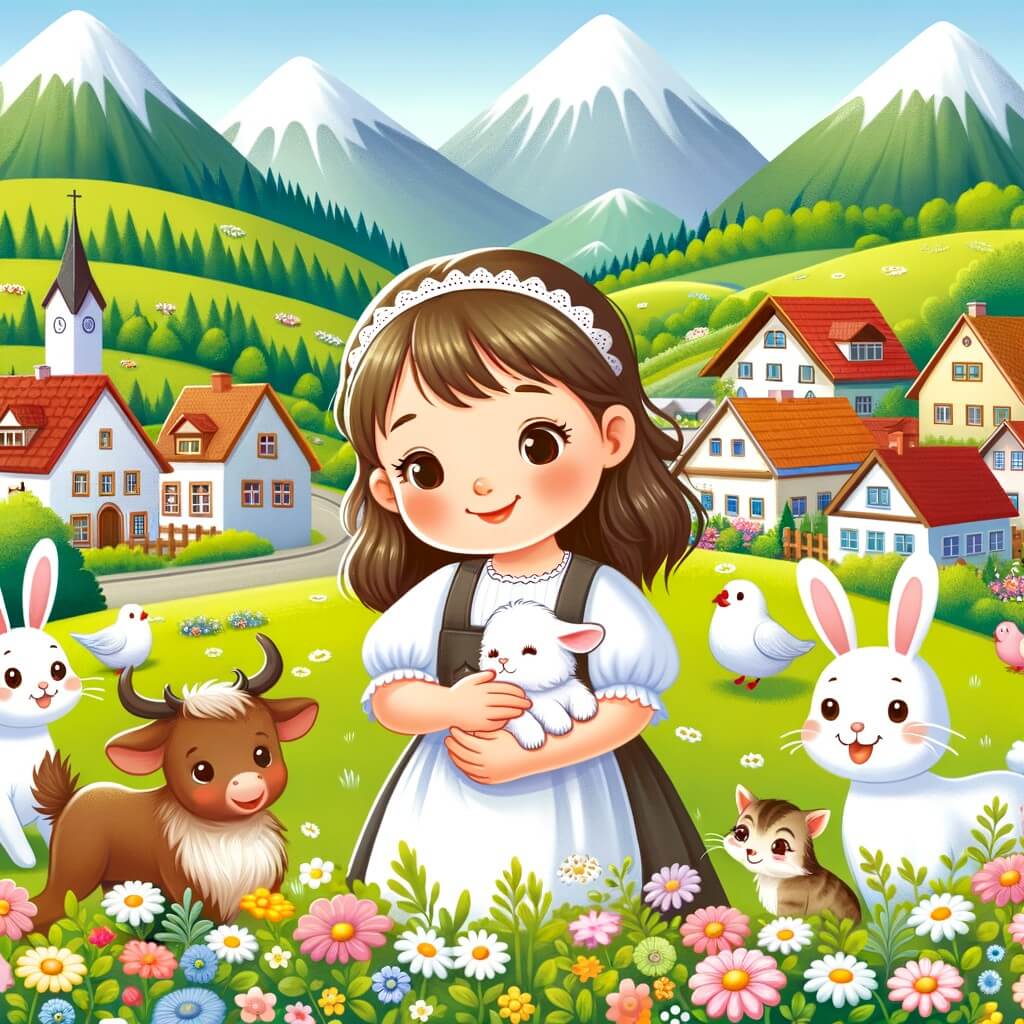 Une illustration destinée aux enfants représentant une jeune femme vêtue d'une blouse blanche, entourée d'animaux souriants, dans une petite ville paisible entourée de prairies verdoyantes et de collines fleuries.
