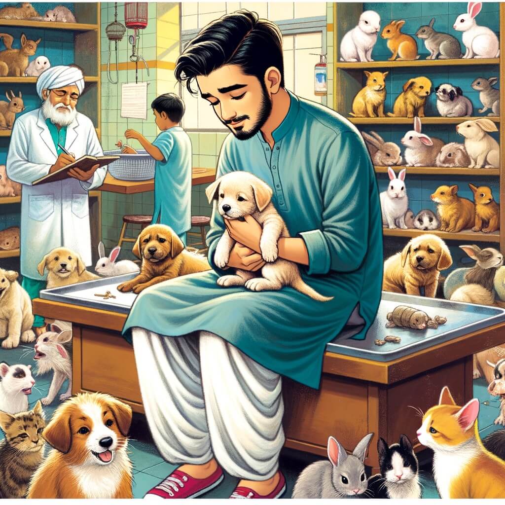 Une illustration pour enfants représentant un homme passionné par les animaux, se retrouvant dans une clinique vétérinaire remplie d'animaux en détresse.