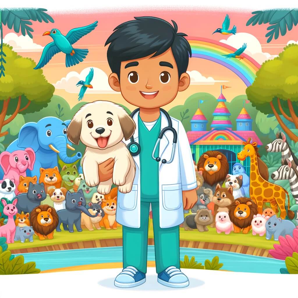 Une illustration destinée aux enfants représentant un jeune vétérinaire passionné, accompagné d'un adorable chiot, dans un zoo coloré rempli d'animaux joyeux et exotiques.