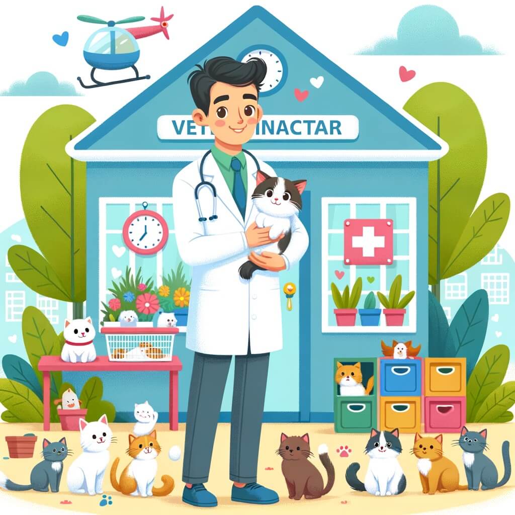 Une illustration destinée aux enfants représentant un vétérinaire bienveillant, vêtu d'une blouse blanche, tenant un adorable chat dans ses bras, se trouvant dans une petite clinique vétérinaire colorée, avec des animaux joyeux attendant patiemment d'être soignés, entourés de plantes vertes et de jouets pour animaux.