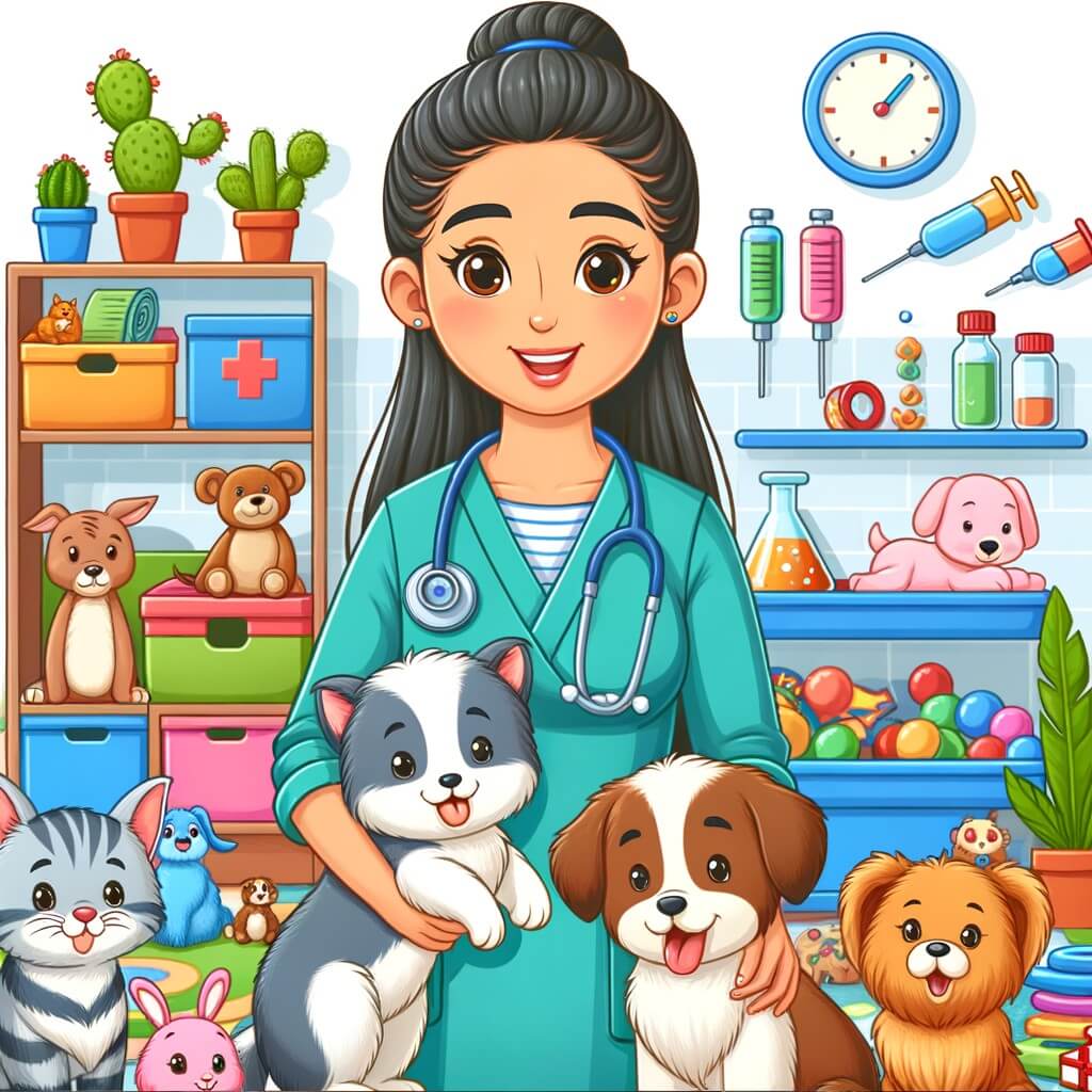 Une illustration destinée aux enfants représentant un vétérinaire bienveillant, entouré d'animaux souriants, dans une clinique colorée remplie de jouets, d'instruments médicaux et de plantes vertes.