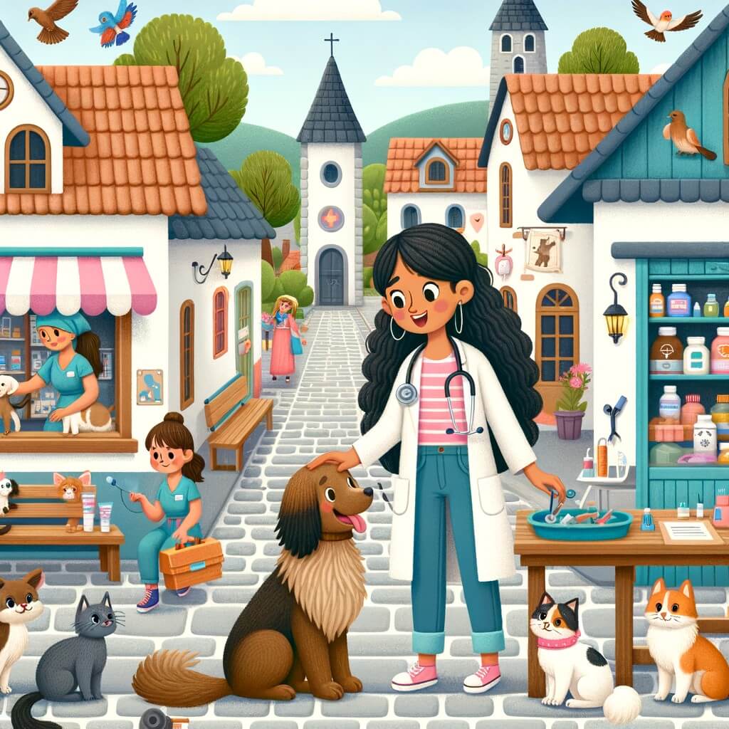 Une illustration pour enfants représentant une femme vétérinaire passionnée qui aide les animaux dans une petite ville pleine de charme.
