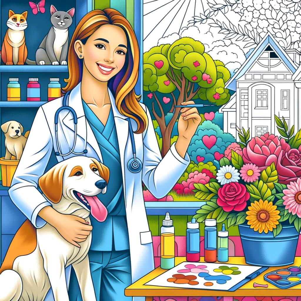 Une illustration destinée aux enfants représentant une femme vétérinaire passionnée, accompagnée de son adorable chien, travaillant avec amour et dévouement dans une clinique vétérinaire colorée, entourée d'animaux joyeux et d'un jardin fleuri.
