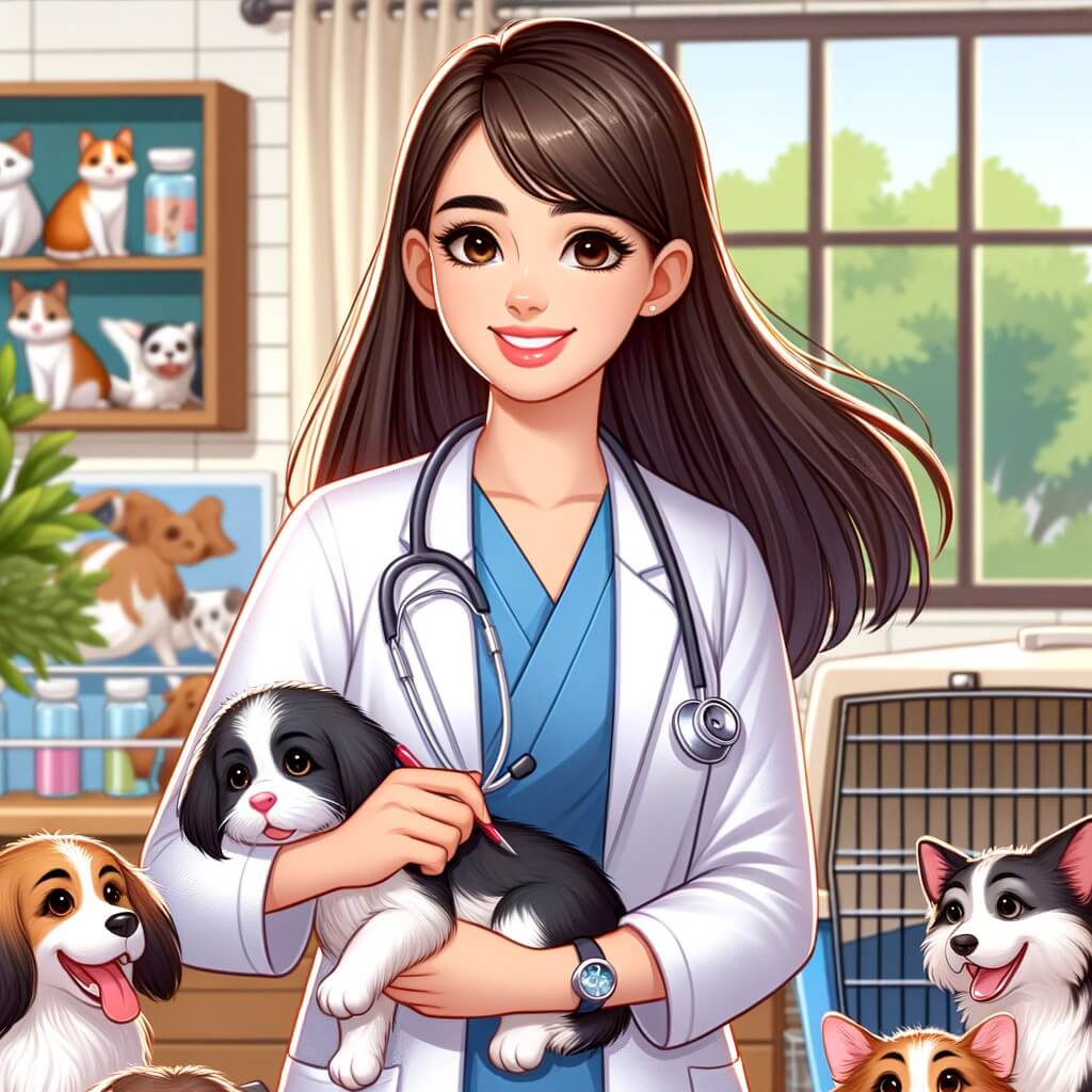 Une illustration pour enfants représentant une femme vétérinaire passionnée s'occupant d'animaux dans sa clinique chaleureuse.