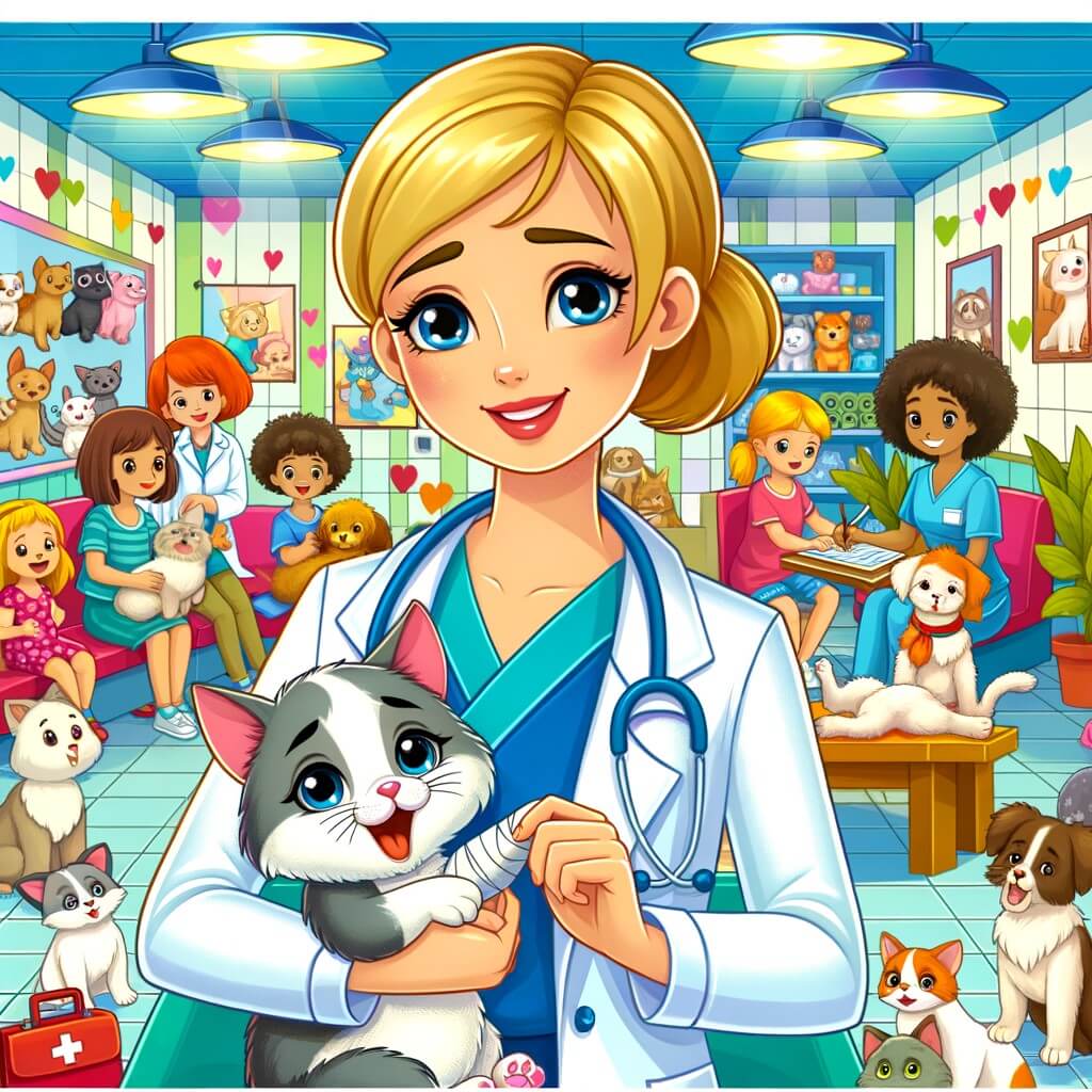 Une illustration destinée aux enfants représentant une jeune femme vétérinaire passionnée par les animaux, accompagnée d'un adorable chaton blessé, dans une clinique vétérinaire lumineuse et colorée, remplie d'animaux joyeux et de propriétaires reconnaissants.