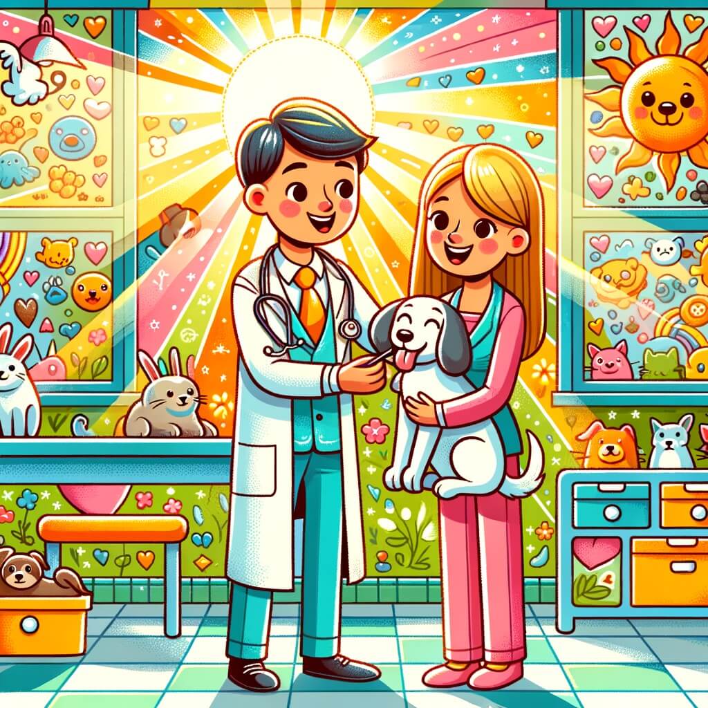Une illustration pour enfants représentant un vétérinaire passionné prenant soin d'un chien malade dans sa clinique.