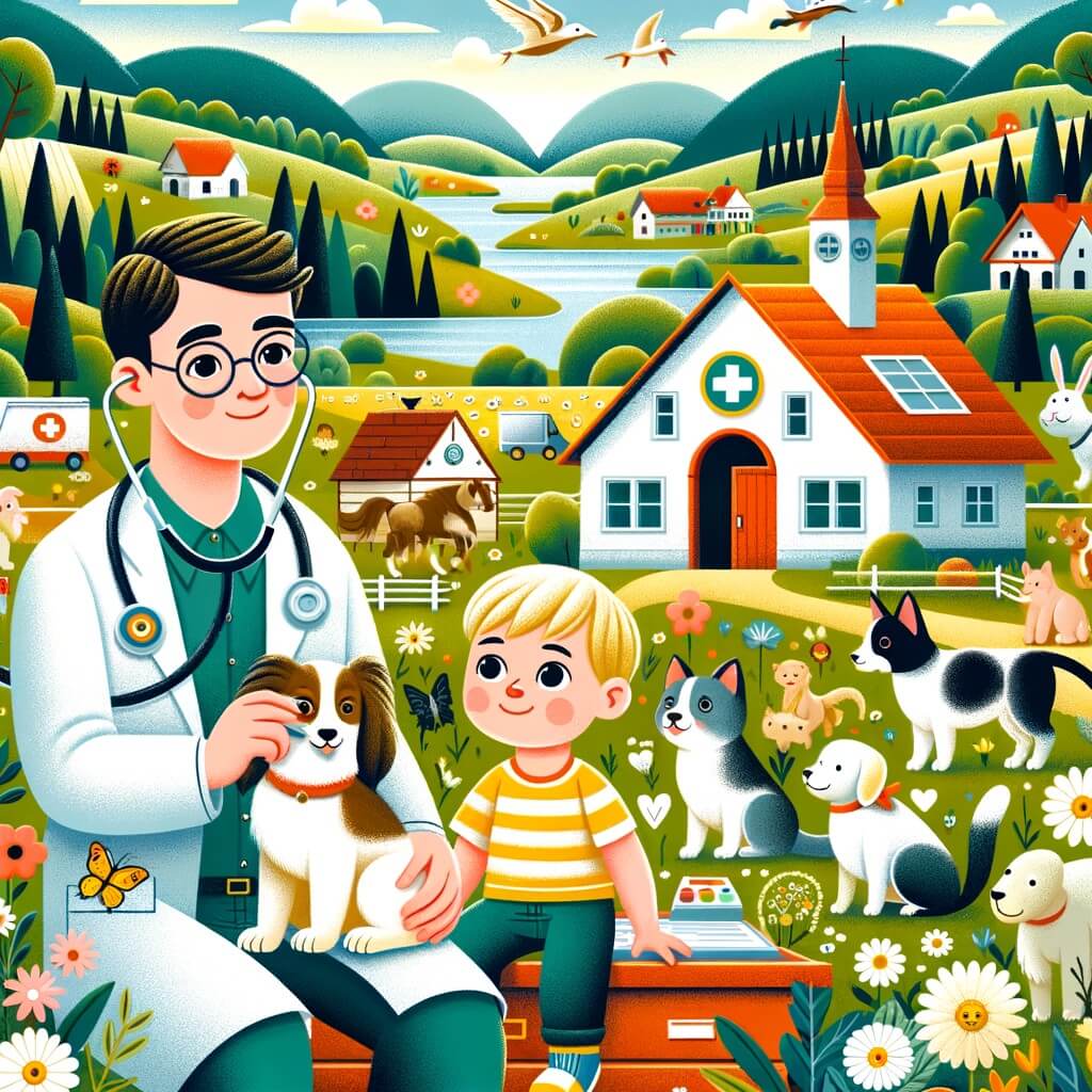 Une illustration pour enfants représentant un vétérinaire passionné qui ouvre sa propre clinique dans un petit village entouré de champs, de prés et de forêts.