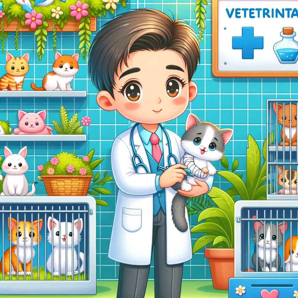 Une illustration destinée aux enfants représentant un vétérinaire bienveillant, vêtu d'une blouse blanche, s'occupant d'un adorable chaton blessé dans une clinique vétérinaire colorée et animée, remplie de cages remplies d'animaux de toutes sortes, entourée de plantes vertes luxuriantes et de panneaux joyeux.