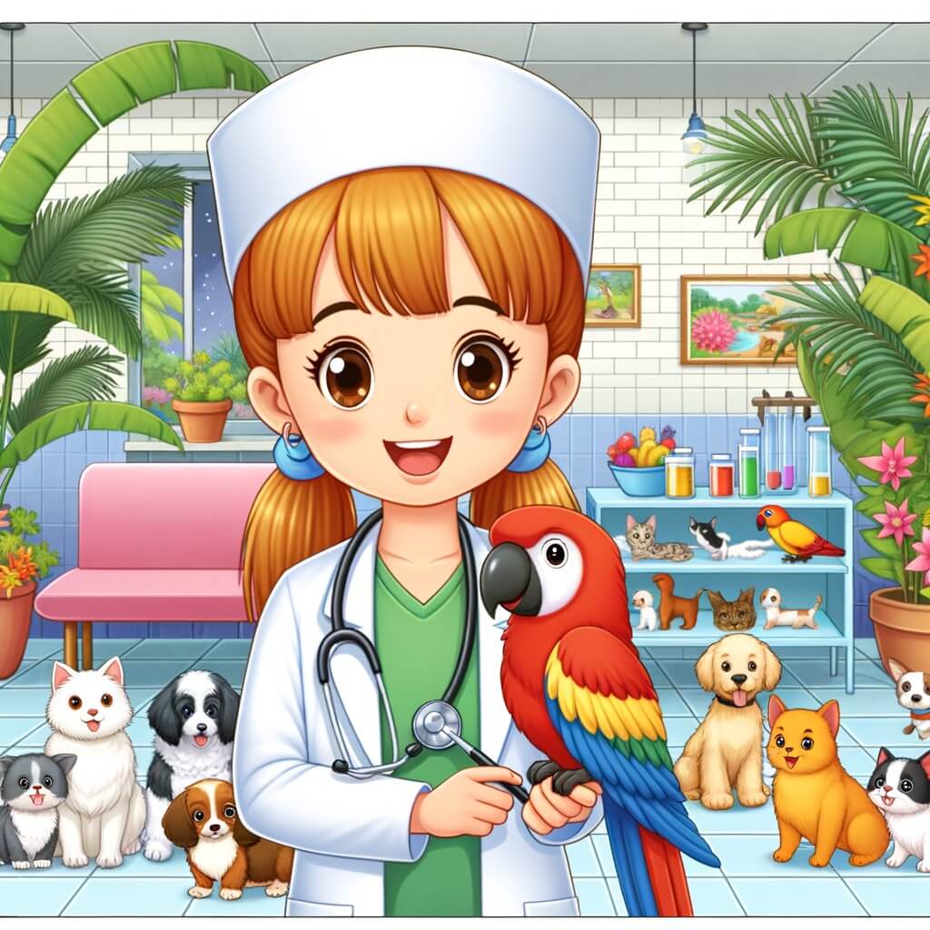 Une illustration destinée aux enfants représentant une jeune femme vétérinaire passionnée, accompagnée d'un adorable perroquet, dans une clinique vétérinaire colorée et animée, remplie de chiens, de chats et d'animaux exotiques.