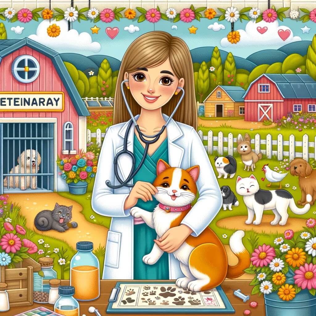 Une illustration destinée aux enfants représentant une femme vétérinaire passionnée s'occupant d'animaux malades avec l'aide de son adorable chat dans une charmante clinique vétérinaire entourée d'un jardin fleuri et d'une ferme animée.
