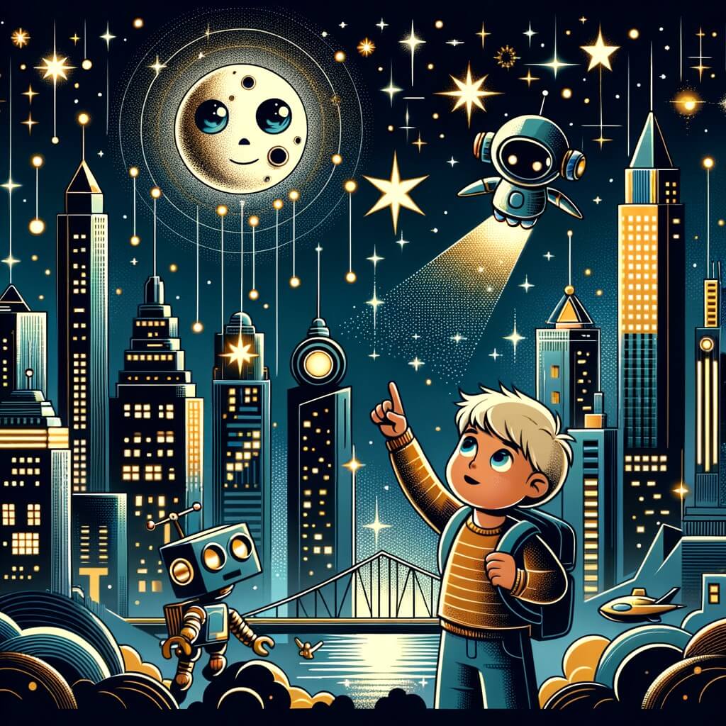 Une illustration destinée aux enfants représentant un petit garçon fasciné par les étoiles, qui part à l'aventure avec son ami robot à travers une ville futuriste remplie de gratte-ciels scintillants et d'hoverboards volants pour retrouver la Lune égarée.
