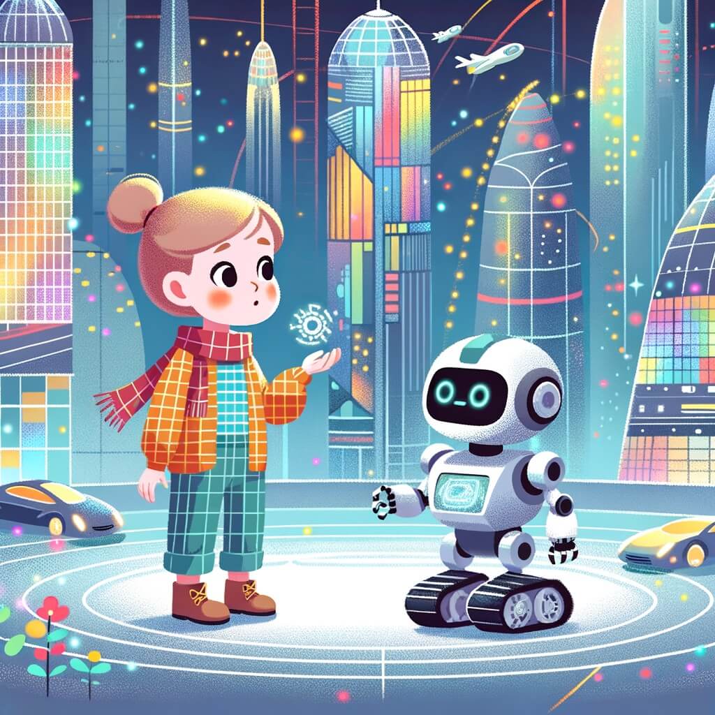 Une illustration destinée aux enfants représentant une petite fille curieuse qui rencontre un robot perdu dans une ville futuriste faite de buildings en verre et d'automobiles volantes, illuminée par des lumières multicolores clignotantes.
