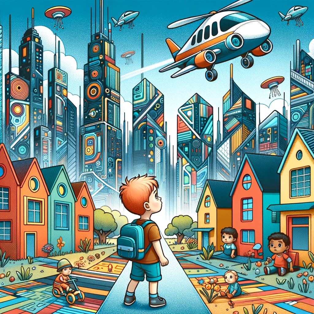 Une illustration pour enfants représentant un petit garçon émerveillé par la ville futuriste remplie de bâtiments hauts et brillants où il vit.