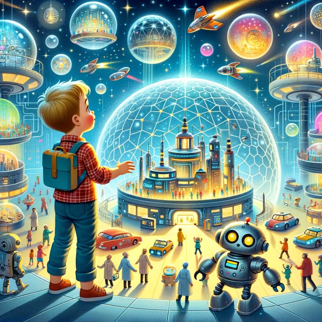 Une illustration pour enfants représentant un petit garçon émerveillé par une ville futuriste remplie de bâtiments impressionnants, se promenant avec sa maman et découvrant le Dôme d'Exploration.