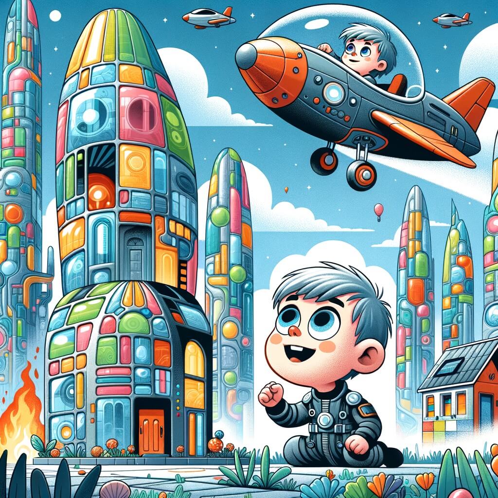 Une illustration pour enfants représentant un petit garçon fasciné par les voitures volantes dans une ville futuriste éblouissante.