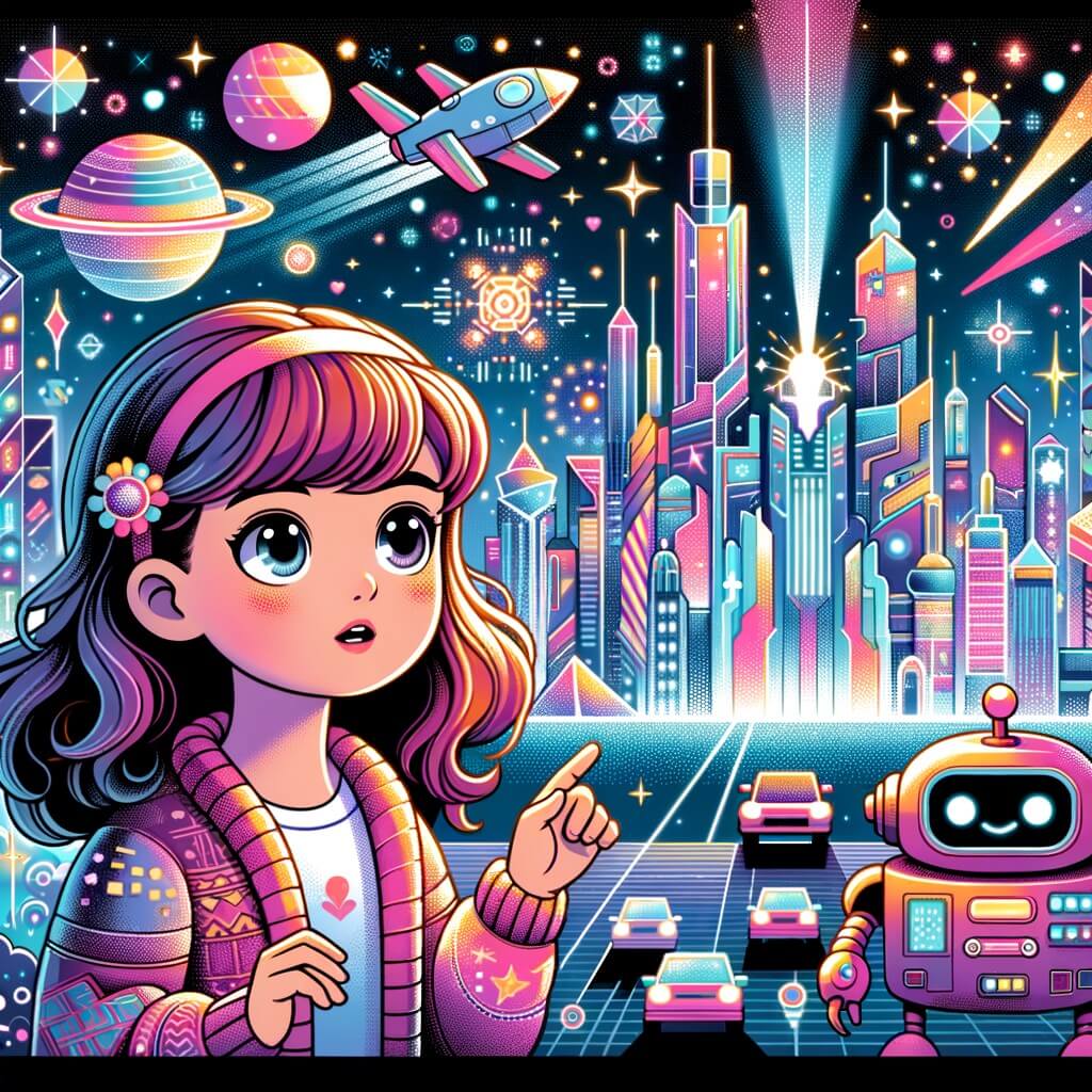 Une illustration pour enfants représentant une petite fille pleine de curiosité, vivant dans une ville futuriste éblouissante, où elle découvre un robot abandonné et décide de le réparer pour vivre des aventures incroyables ensemble.