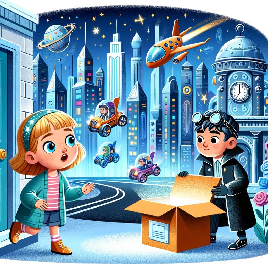 Une illustration destinée aux enfants représentant une petite fille curieuse découvrant une mystérieuse boîte devant sa porte, accompagnée de l'Ingénieur Max, dans une Cité des Merveilles futuriste avec des bâtiments brillants et des voitures volantes qui sillonnent le ciel.