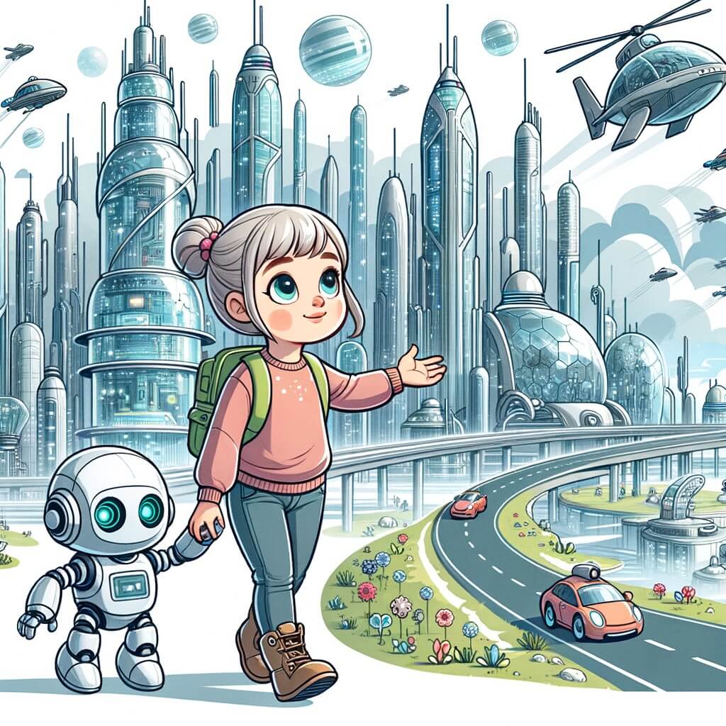 Une illustration destinée aux enfants représentant une petite fille curieuse et aventureuse, accompagnée de son fidèle robot, explorant une ville futuriste remplie de bâtiments en verre, de voitures volantes et de robots serviables, dans la magnifique ville de Cristalia.