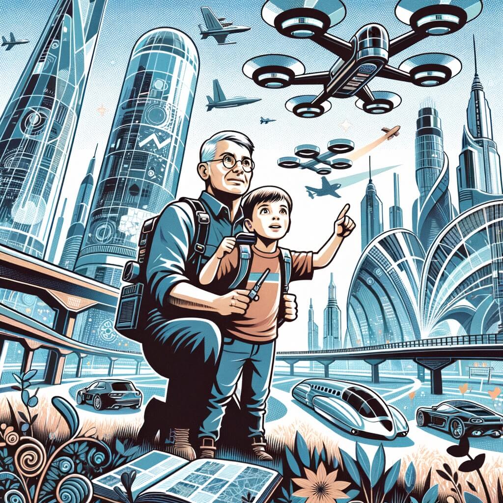 Une illustration destinée aux enfants représentant un petit garçon intrépide découvrant une ville futuriste remplie de voitures volantes, de bâtiments en verre et en acier qui touchent le ciel, et accompagné de son père inventeur qui lui a construit un drone de reconnaissance.