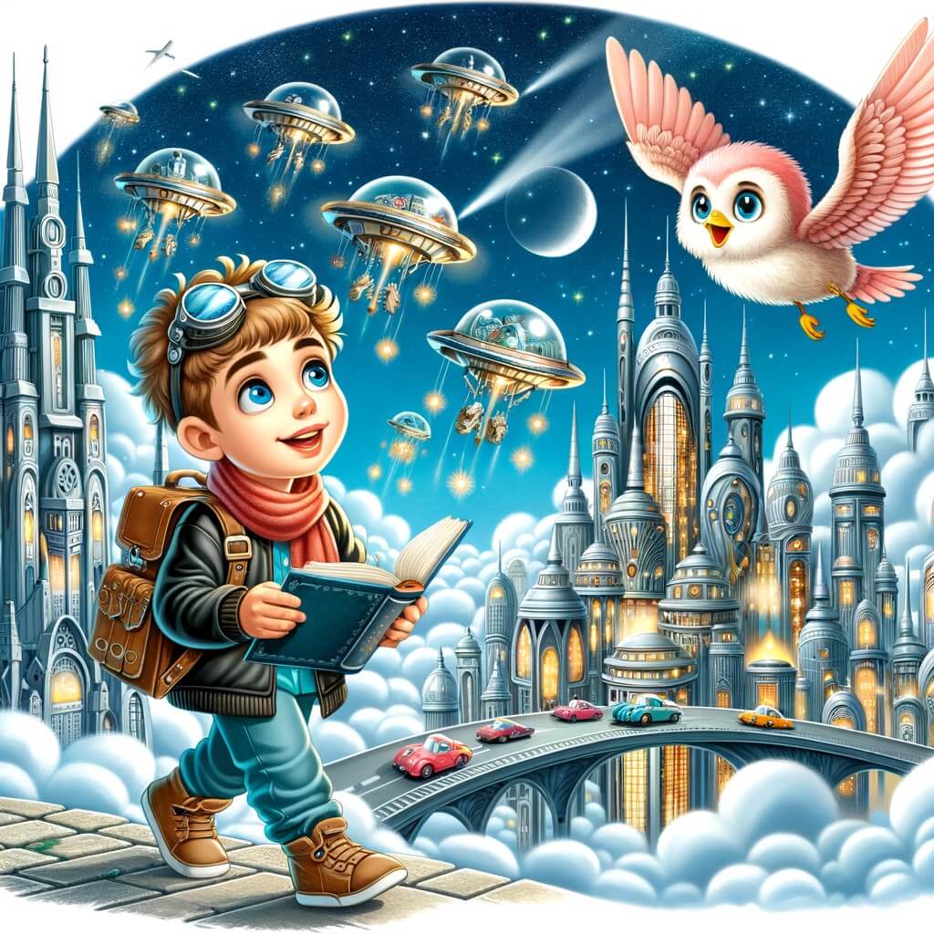 Une illustration pour enfants représentant un jeune garçon aux yeux brillants, naviguant dans une ville futuriste flottante remplie de merveilles technologiques.