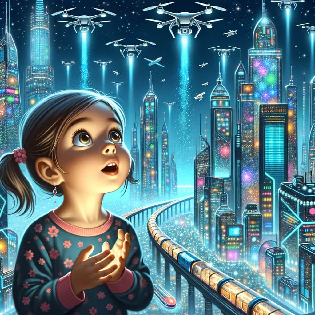 Une illustration pour enfants représentant une petite fille émerveillée par les avancées technologiques dans une ville futuriste étincelante.