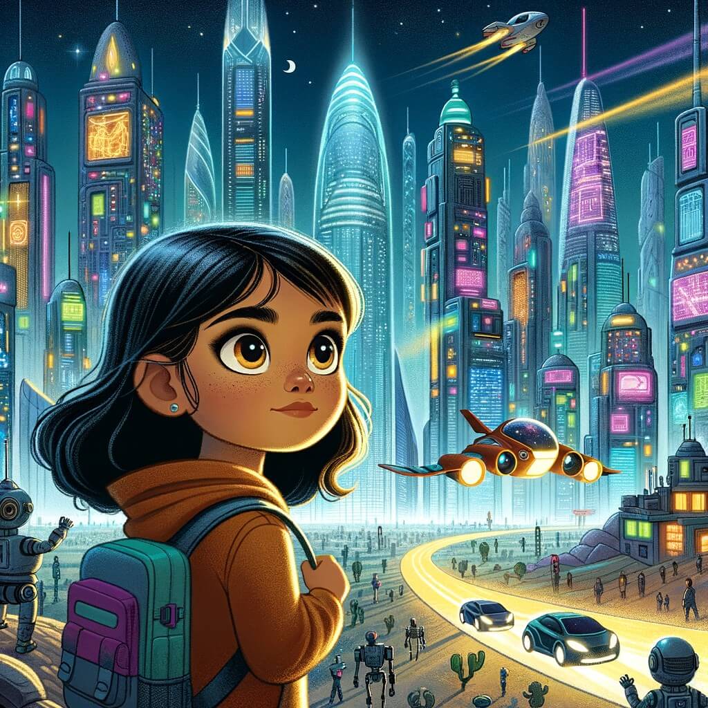 Une illustration pour enfants représentant une petite fille aventurière découvrant une ville futuriste remplie de merveilles technologiques.