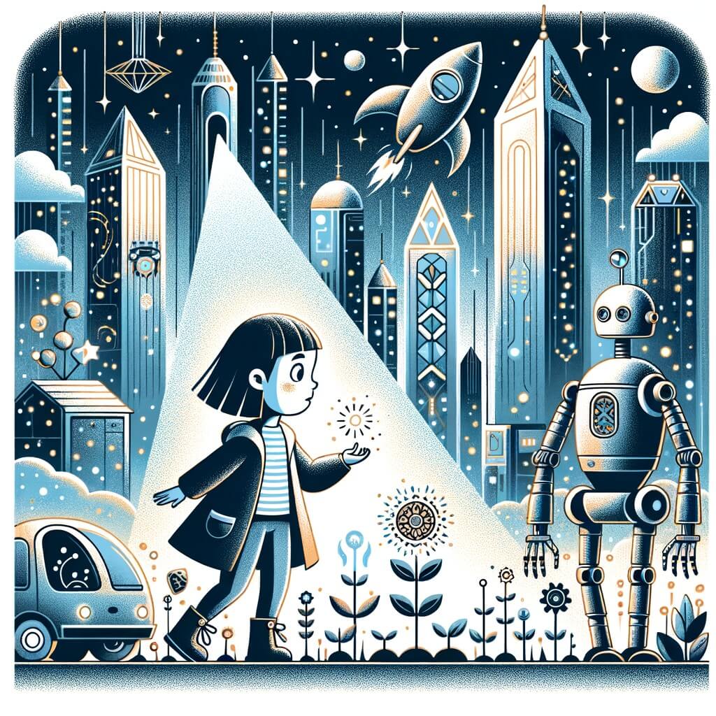 Une illustration destinée aux enfants représentant une petite fille curieuse, se promenant dans une ville futuriste remplie de gratte-ciel scintillants, de voitures volantes et de robots, à la recherche de graines magiques perdues pour aider un robot jardinier.