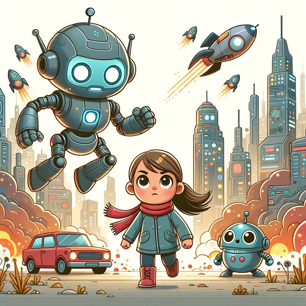Une illustration destinée aux enfants représentant une petite fille intrépide, confrontée à un robot destructeur, accompagnée d'un adorable robot rond nommé Robby, dans une ville futuriste remplie de voitures volantes et de gratte-ciels scintillants.