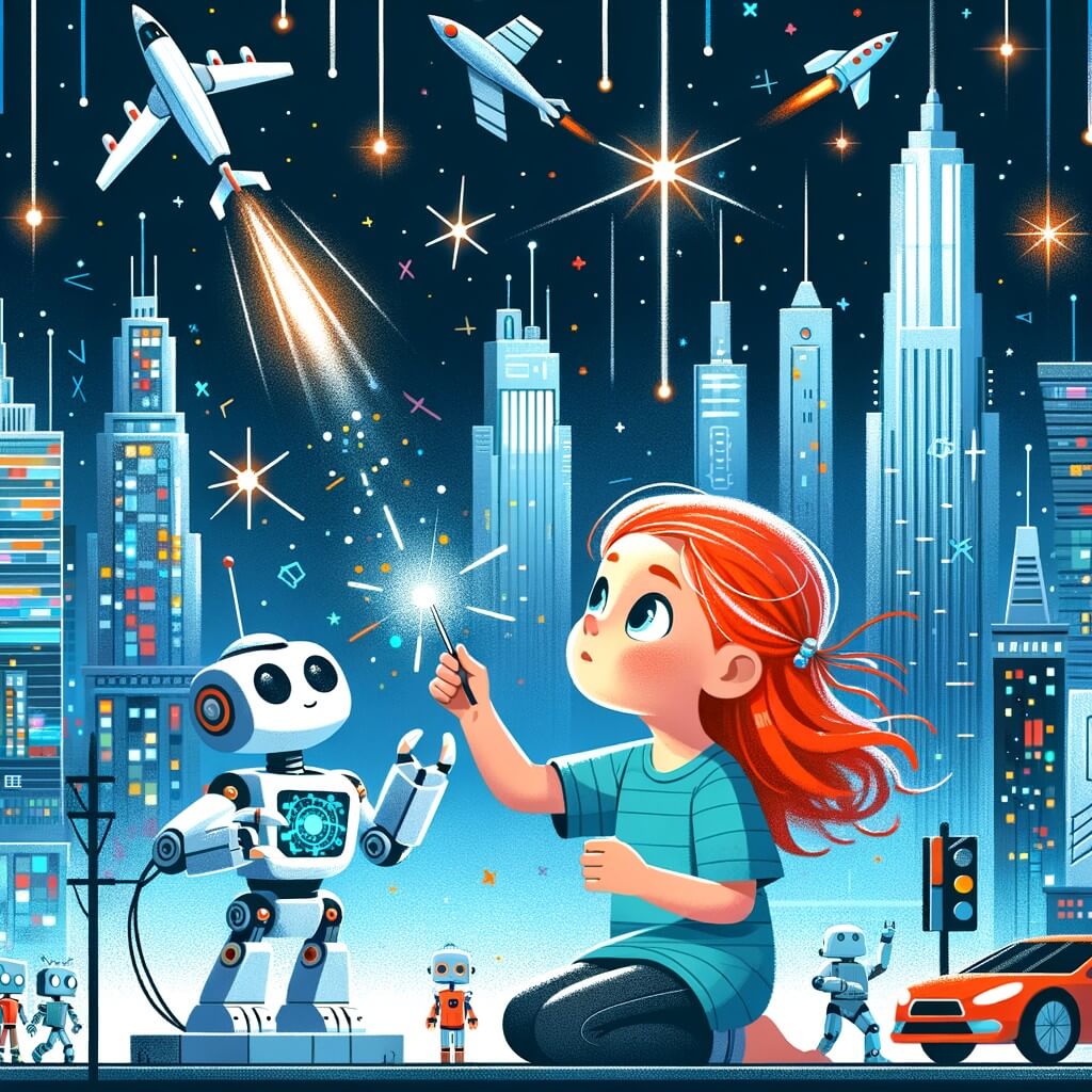 Une illustration pour enfants représentant une petite fille rousse qui rêve de devenir scientifique et qui participe à un concours de robotique dans une ville futuriste remplie de gratte-ciel brillants et de voitures volantes.